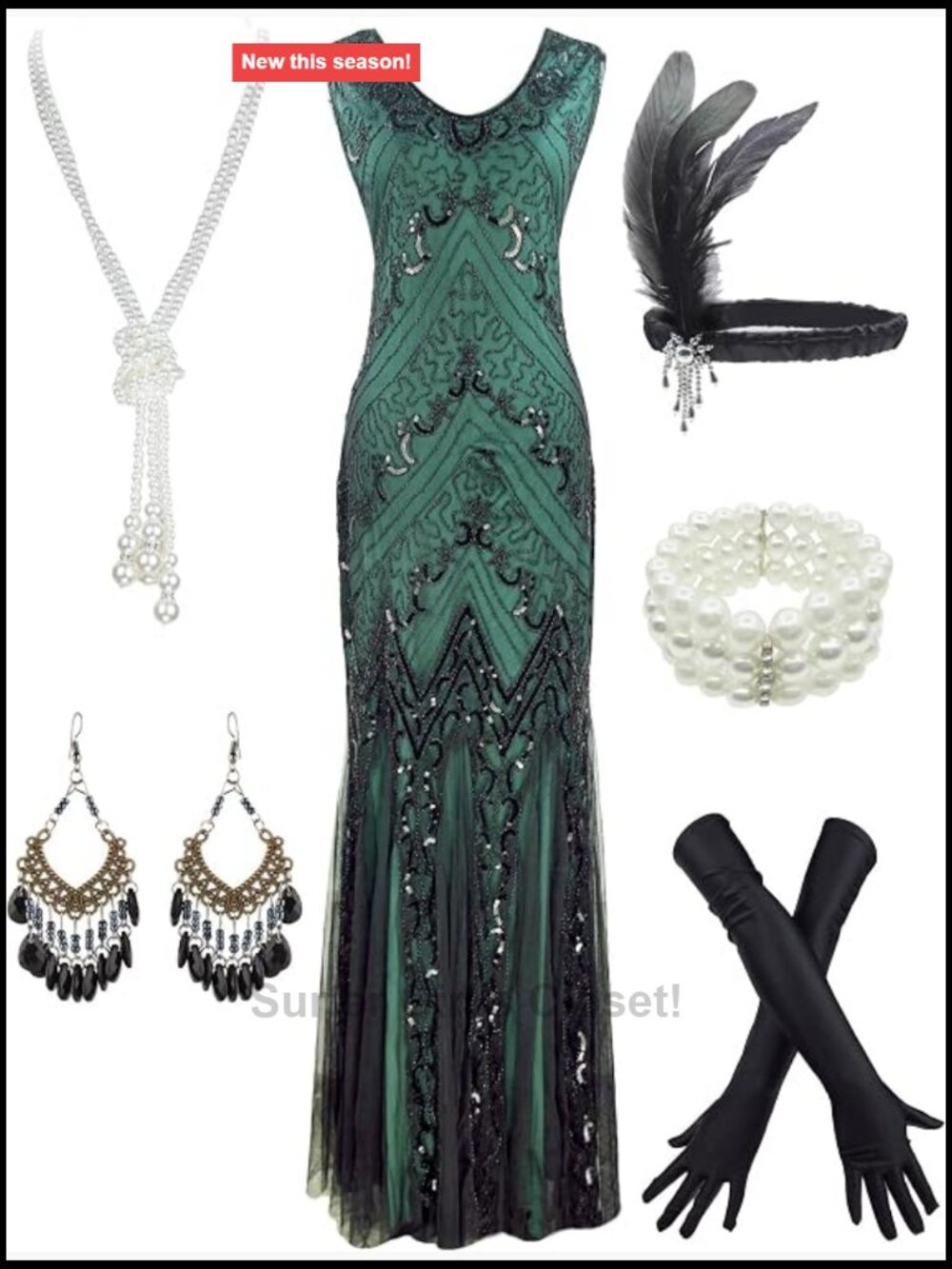 Women's Sequin Maxi Dress 1920s Gatsby Mermaid Prom Gown with Accessories Set